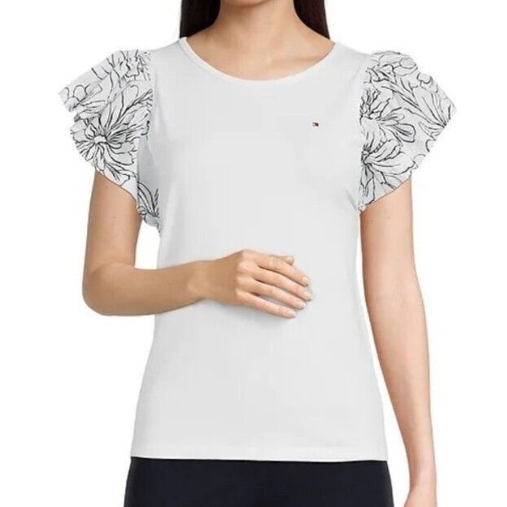 Tommy Hilfiger black and white floral print short flutter sleeve knit top.
